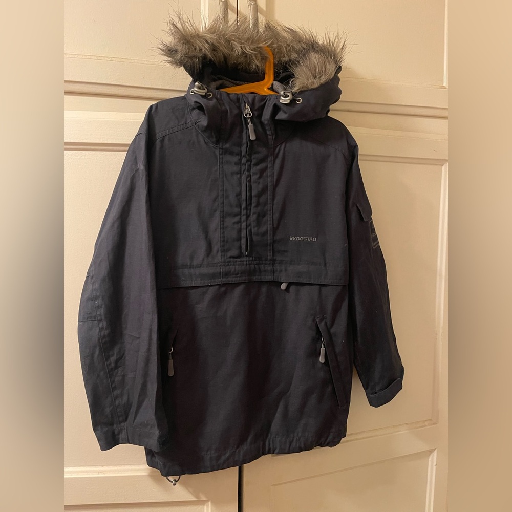 Navy blue Skogstad Hooded pullover Jacket with faux Fur Trim kids size 8